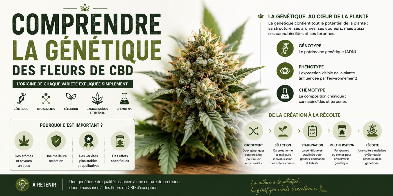 Infographie pédagogique présentant la génétique des fleurs de CBD, les notions de génotype, phénotype et chémotype, ainsi que les principales étapes de création d'une variété de CBD