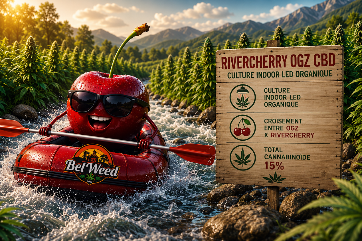 Illustration de la fiche technique de la RiverCherry OGZ de Bel'weed avec une cerise faisant du rafting sur une rivière bordée de champs de CBD. Le panneau présente les caractéristiques de la fleur : culture Indoor LED organique, croisement OGZ × RiverCherry et 15 % de cannabinoïdes.