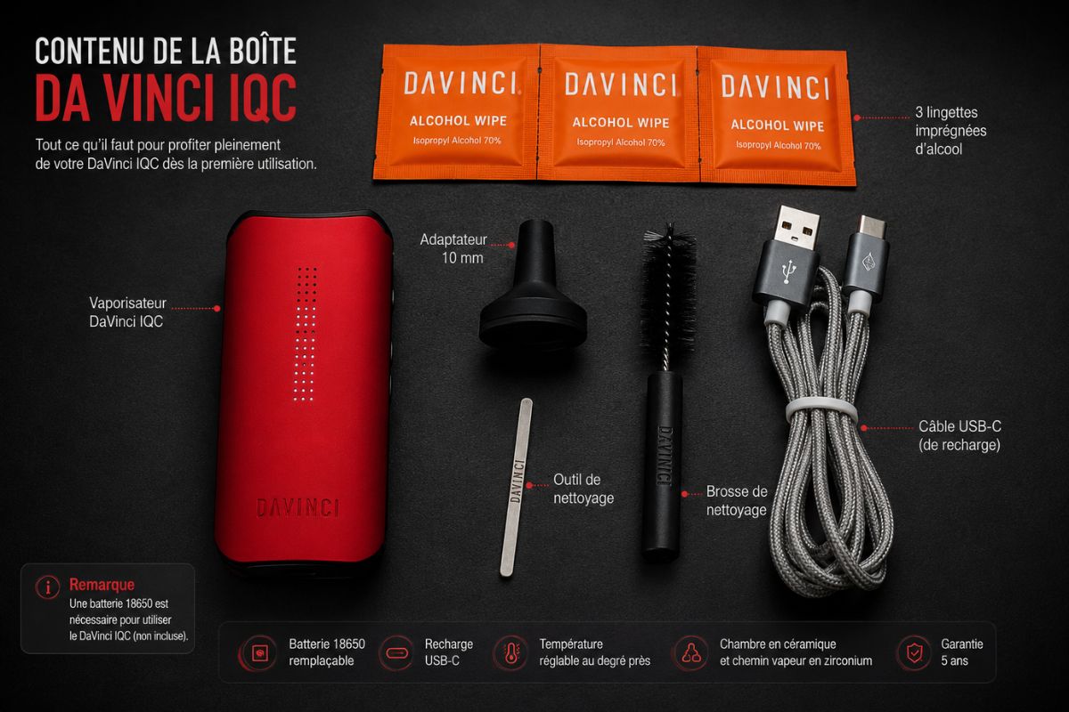 Contenu de la boîte du DaVinci IQC avec le vaporisateur rouge et ses accessoires d'origine : câble USB-C, adaptateur 10 mm, brosse de nettoyage, outil de nettoyage et lingettes alcoolisées, présenté lors du test complet du vaporisateur portable