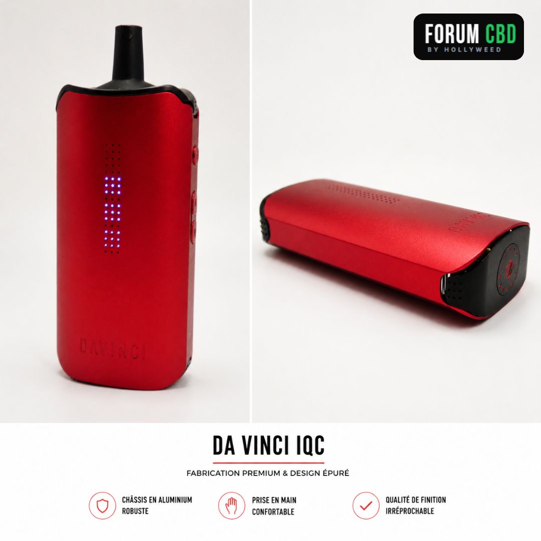 DaVinci IQC rouge présenté sous deux angles sur fond clair, mettant en avant son design compact, son châssis en aluminium et sa qualité de fabrication dans le cadre du test complet du vaporisateur portable