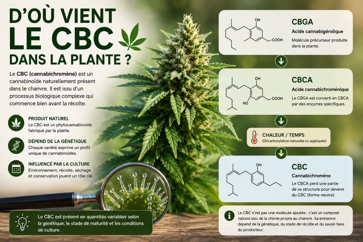 Infographie expliquant l’origine naturelle du CBC dans la plante de chanvre, avec le passage du CBGA au CBCA puis au cannabichromène sous l’effet du temps ou de la chaleur