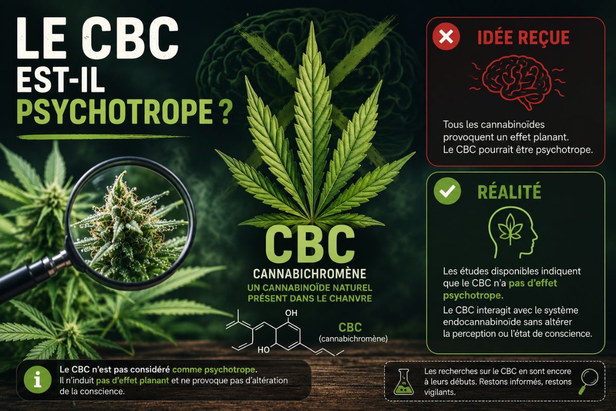 Infographie expliquant si le CBC est psychotrope, avec une fleur de chanvre, le cannabichromène et un rappel sur la différence entre cannabinoïde naturel et effet planant