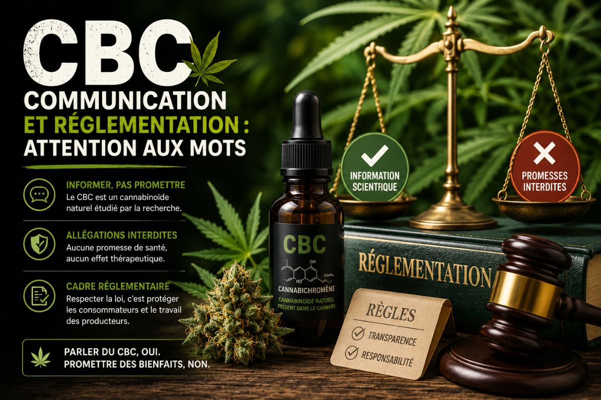 Visuel sur le CBC, la communication responsable et la réglementation du chanvre, avec un rappel sur les allégations interdites et l’importance d’informer sans promettre de bienfaits