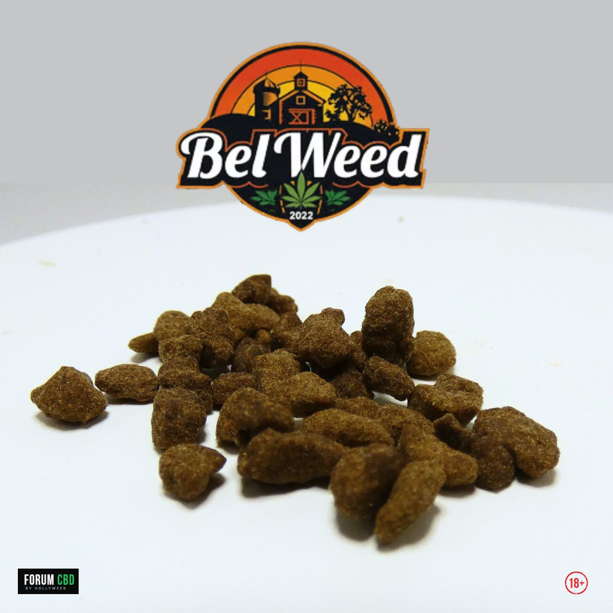Bubble Hash Elisir CBDV de Bel’Weed présenté en petits morceaux bruns sous le logo du producteur