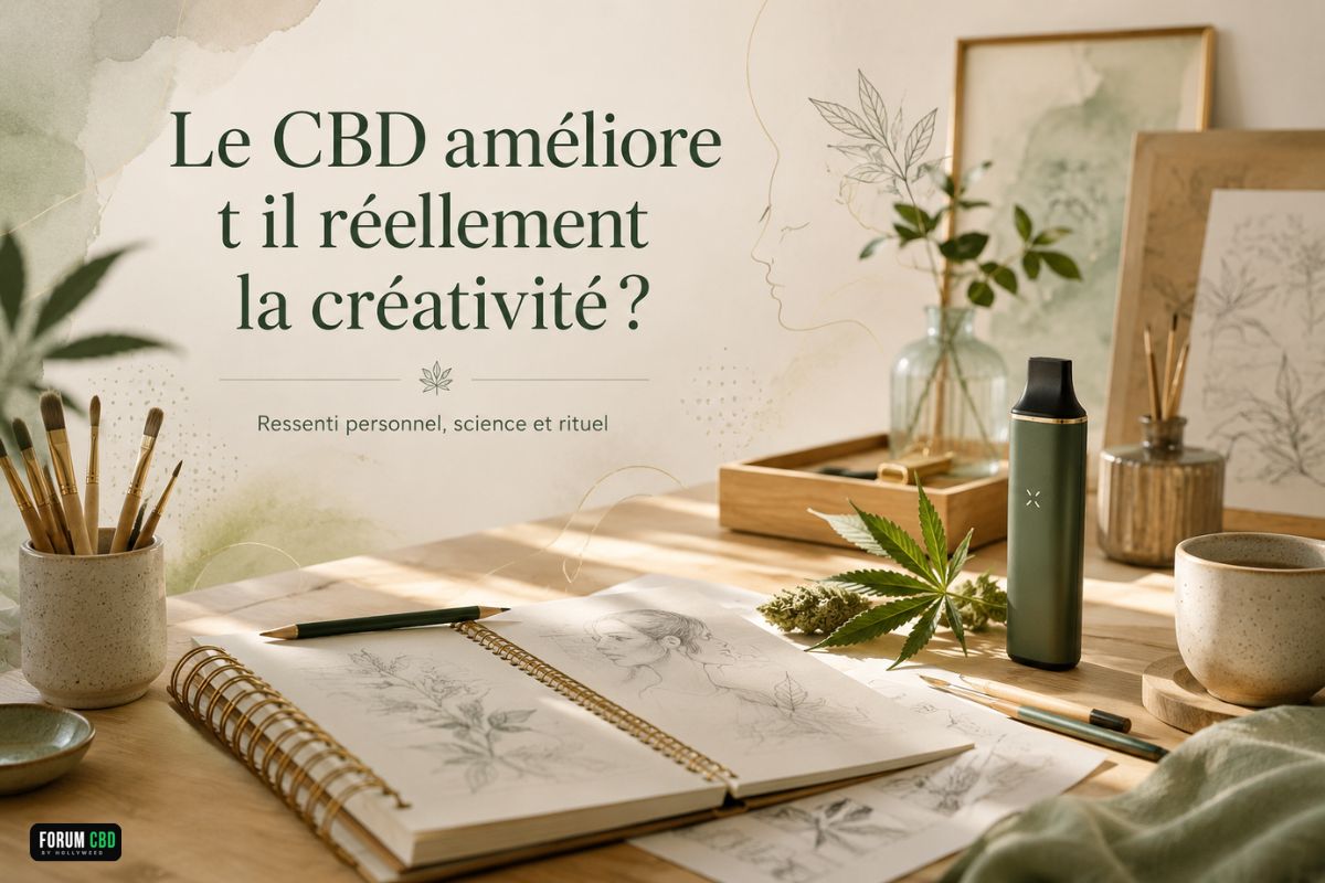 Fleurs de CBD et créativité dans un atelier artistique avec carnet de croquis, pinceaux et vaporisateur.