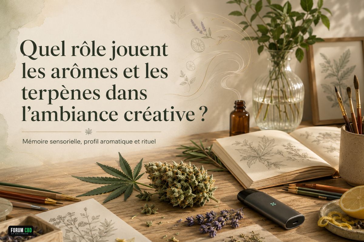 Fleur de CBD, terpènes et arômes dans un espace créatif avec carnet botanique, agrumes, lavande et vaporisateur.