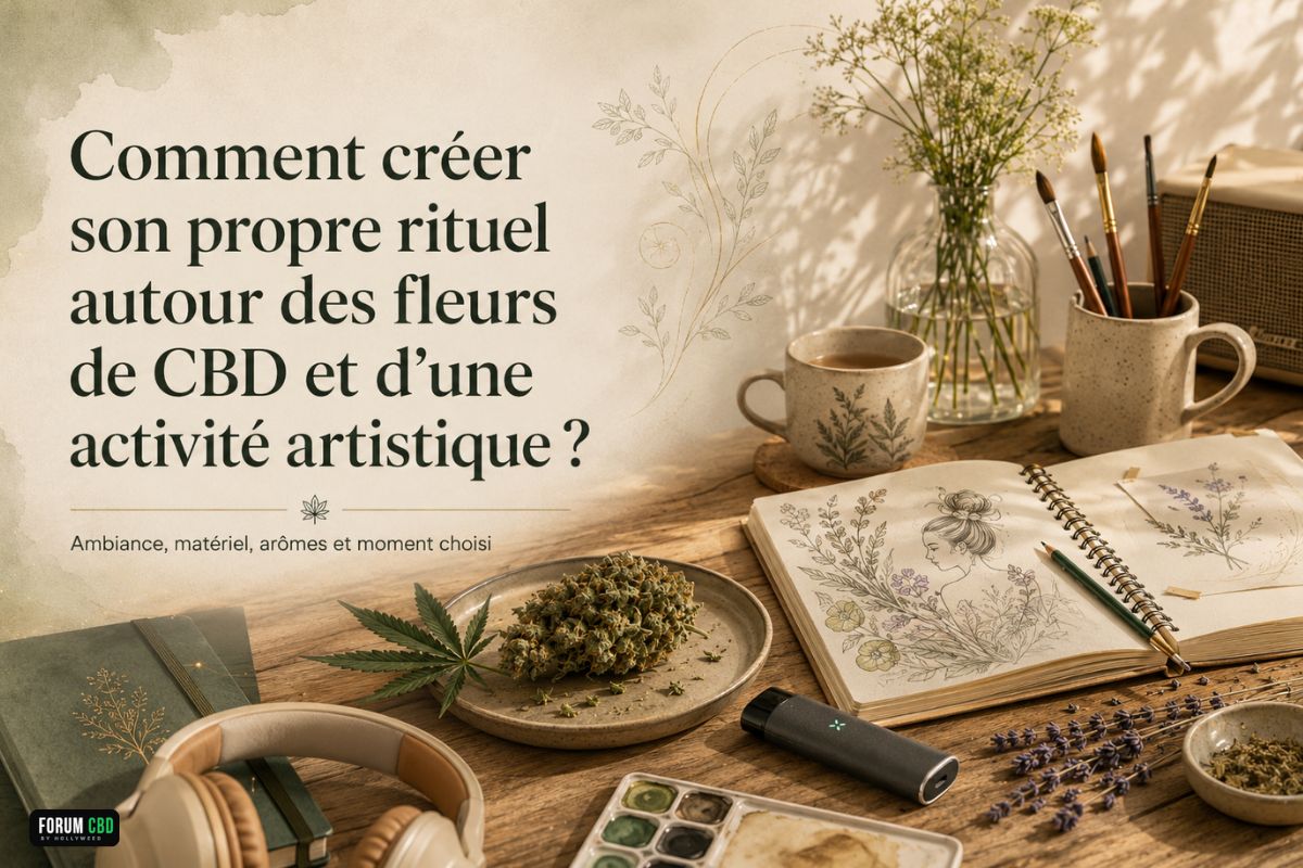 Rituel créatif autour des fleurs de CBD avec carnet de dessin, pinceaux, vaporisateur et ambiance artistique apaisante.