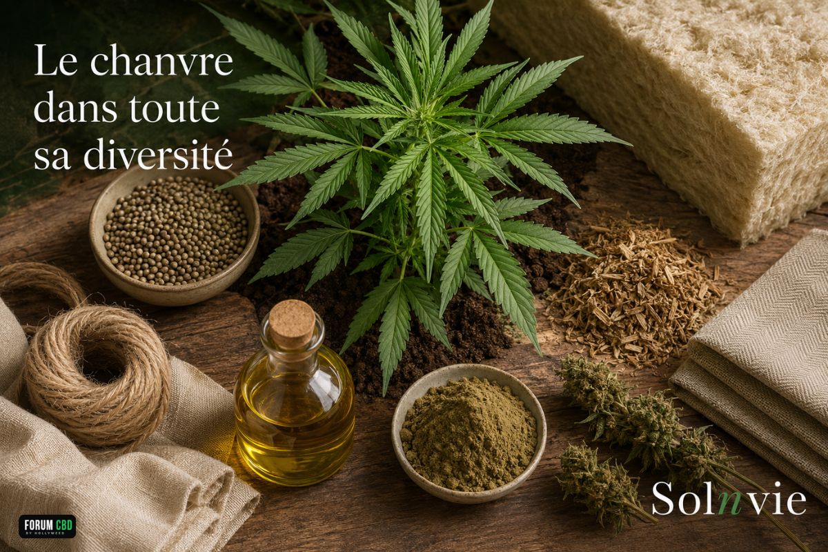 Plante de chanvre bio entourée de graines, d’huile, de protéines, de textile, de corde et d’isolant naturel pour illustrer ses différents usages chez SolnVie.
