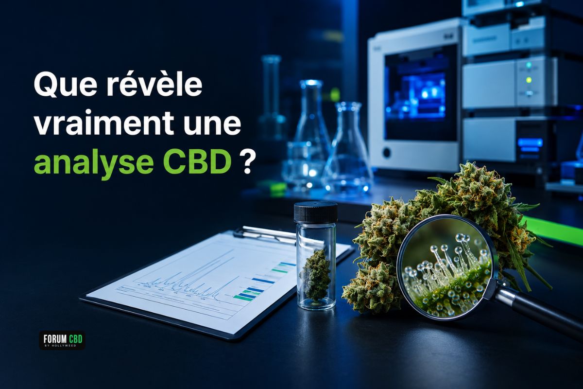 Analyse CBD réalisée dans un laboratoire moderne avec fleur de chanvre, rapport analytique, échantillon et loupe montrant les trichomes.