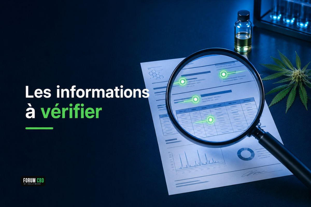 Certificat d’analyse CBD examiné avec une loupe mettant en évidence le numéro de lot, la date, le laboratoire et les résultats.
