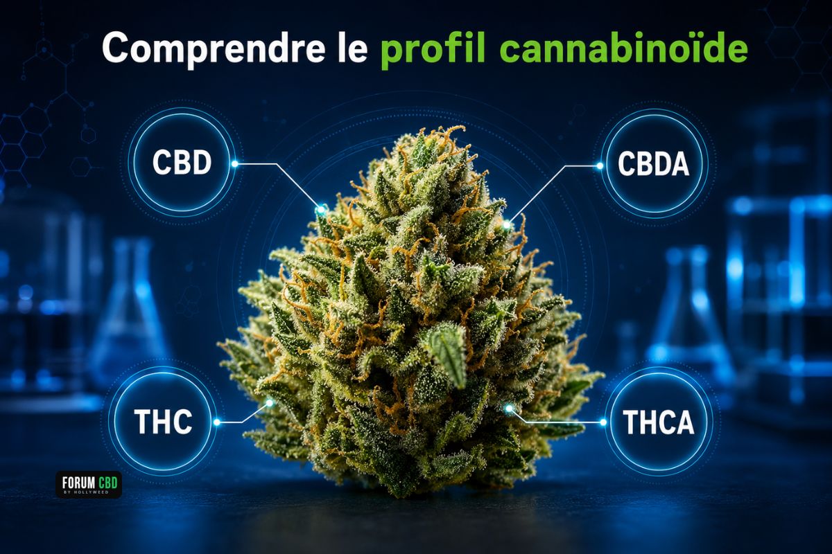 Fleur de chanvre entourée des principaux cannabinoïdes CBD, CBDA, THC et THCA dans un environnement scientifique.