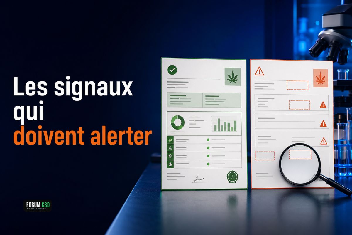 Comparaison entre un certificat d’analyse CBD complet et un document incomplet présentant plusieurs signaux d’alerte.