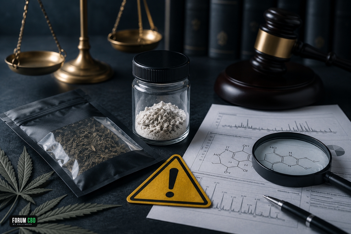 Analyse de produits suspects contenant des cannabinoïdes de synthèse avec rapport de laboratoire, symbole d’alerte, balance de justice et marteau de juge.