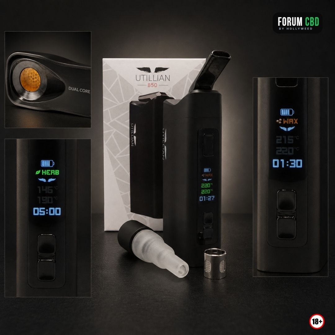 Utillian 850 avec sa boîte, ses accessoires, sa chambre Dual Core et ses écrans en modes Herbes et Cire