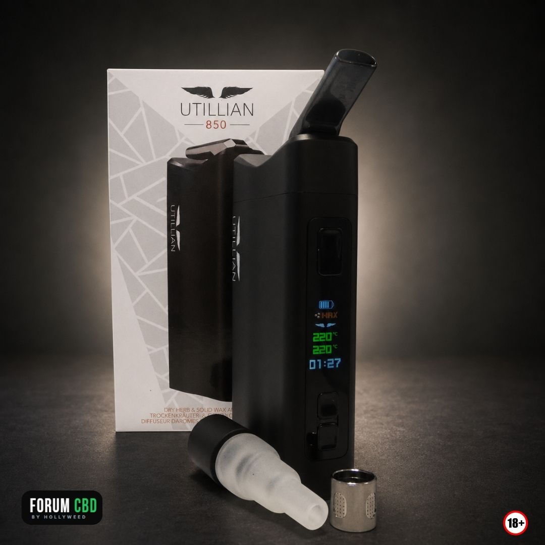 Vaporisateur Utillian 850 présenté avec sa boîte, son adaptateur pour pipe à eau et son récipient pour concentrés