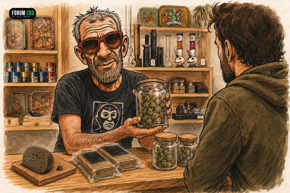 Illustration du conseil chez Flamme Kush à Colmar, avec une sélection de fleurs, des plaques de dry sift et une résine artisanale