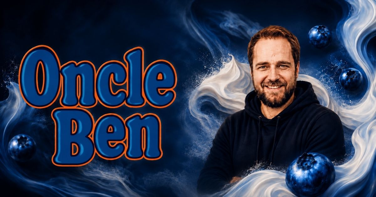 Visuel de fin de revue de la Blue Meringue Indoor d’Oncle Ben, avec portrait du producteur sur fond bleu inspiré des myrtilles et de la meringue