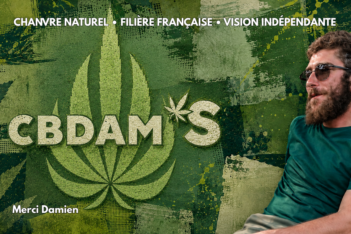 Damien Torrell assis devant le logo CBDAM’S, pour conclure l’interview consacrée à sa vision indépendante du chanvre naturel et de la filière française