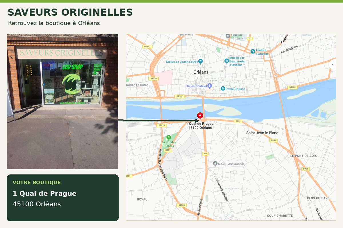 Façade de Saveurs Originelles, boutique de CBD au 1 quai de Prague à Orléans, et carte indiquant son emplacement au sud de la Loire.