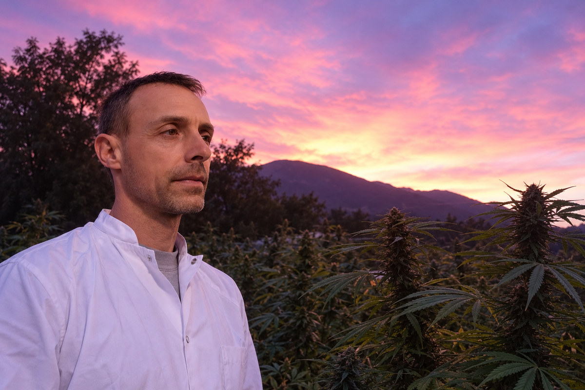 Nicolas Wagner, producteur de chanvre CBD chez Hot Alpine Weed à Eygliers, devant une parcelle de chanvre et les montagnes au coucher du soleil.