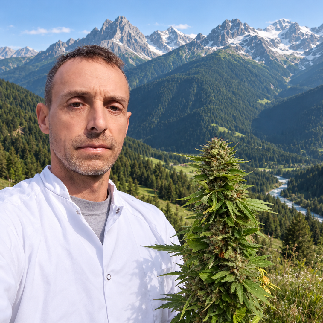 Nicolas Wagner de Hot Alpine Weed aux côtés d’un plant de chanvre CBD en fleurs, avec une vallée alpine et des sommets montagneux en arrière-plan.
