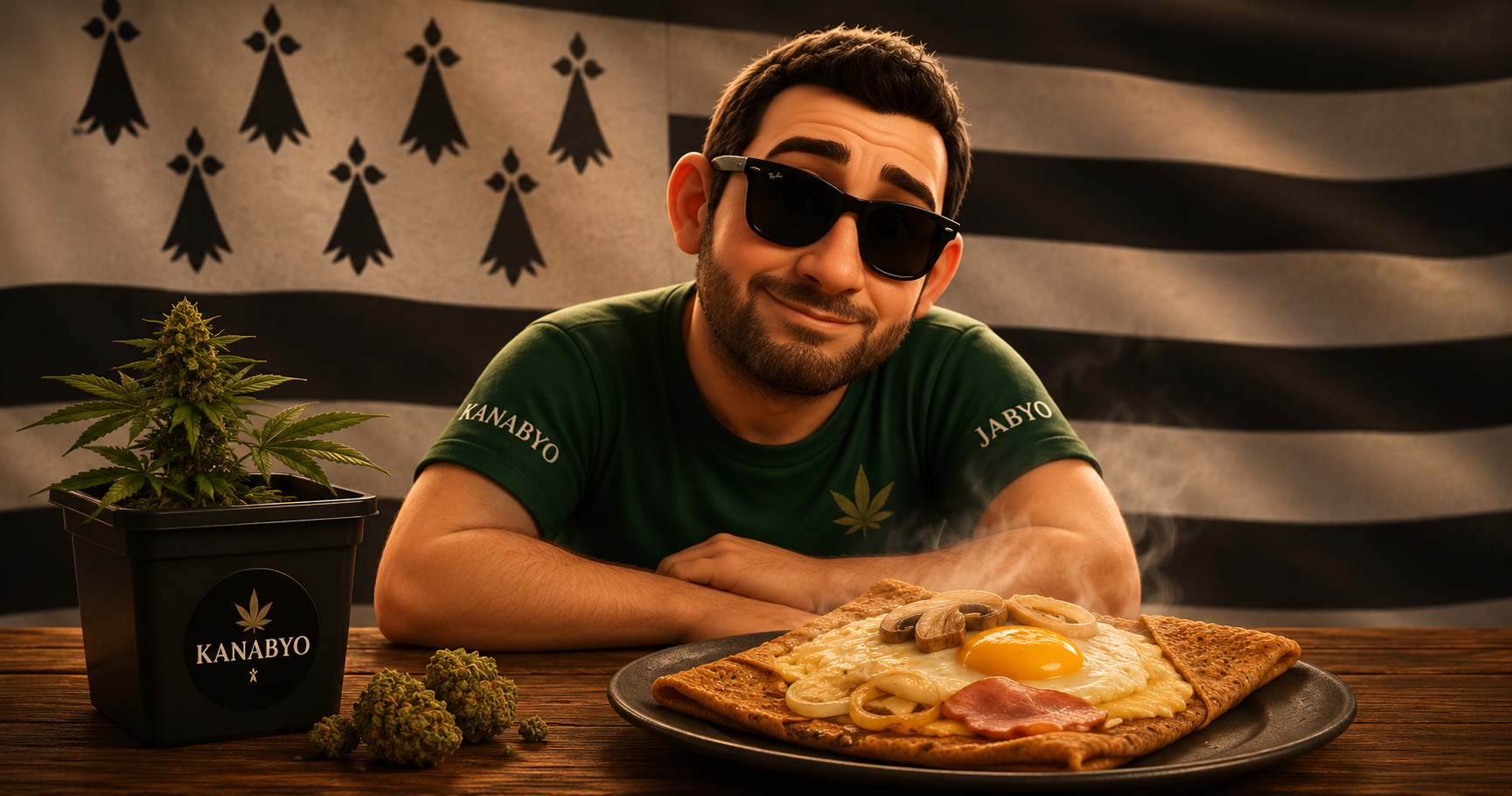 Personnage inspiré de Kanab’Yo en style Pixar derrière une table en bois avec une galette bretonne fumante dans une assiette, pot de cannabis Kanab’Yo posé à côté et léger voile du drapeau breton en a