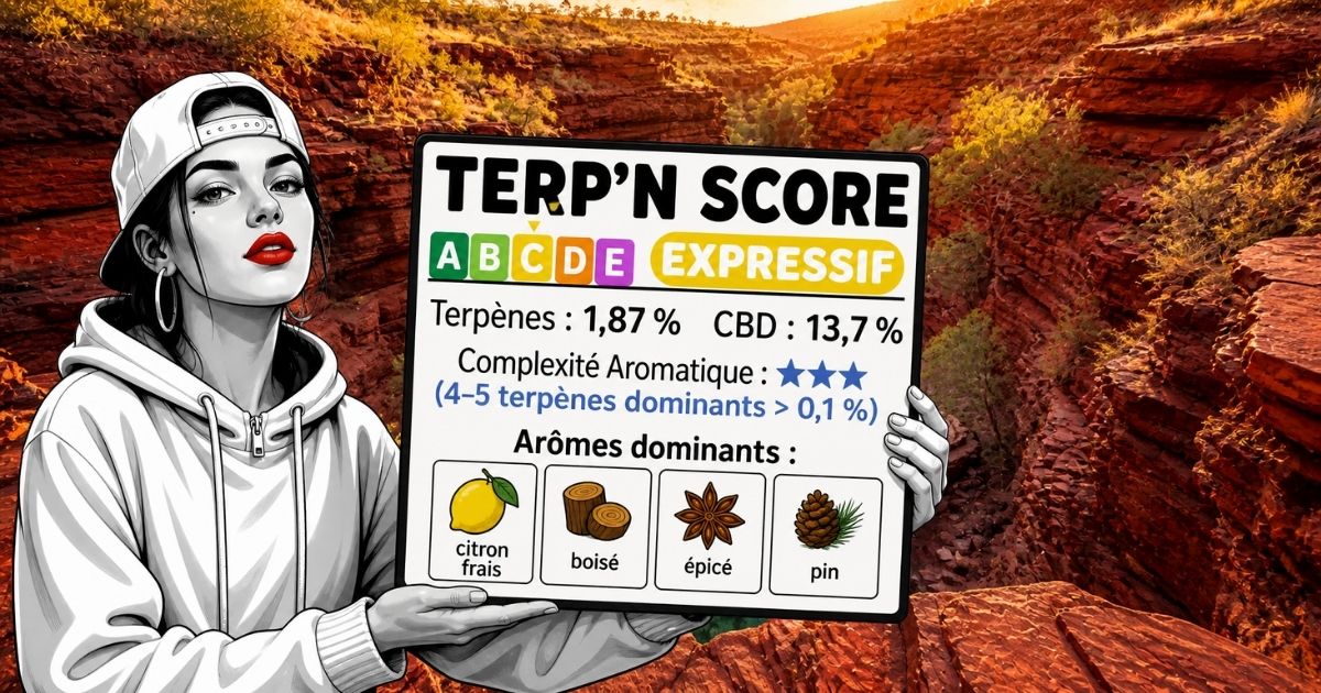Tableau terpn score de la Karijini Kush CBD outdoor avec arômes citronnés, boisés, épicés et pin