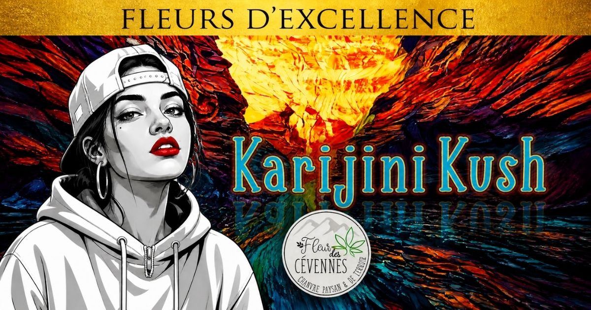 Karijini Kush CBD outdoor Fleur des Cévennes – visuel artistique du pochon avec illustration colorée et portrait féminin aux lèvres rouges
