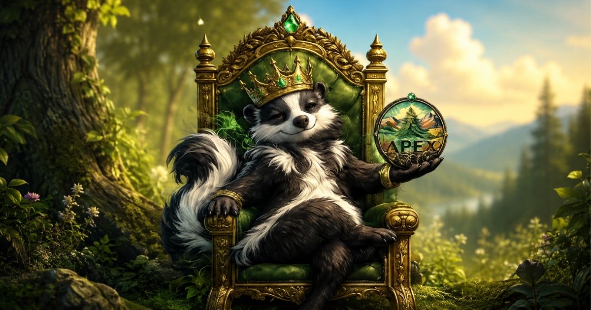 Visuel de la Legendary Skunk Outdoor Apex CBD avec une mouflette couronnée tenant le logo Apex dans un décor naturel et verdoyant.