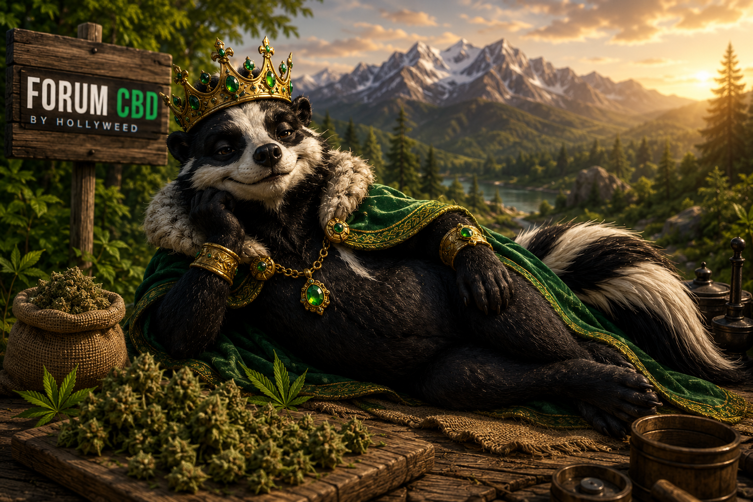Illustration fantasy de la Legendary Skunk Outdoor Apex CBD avec une mouflette royale allongée dans un décor nature et montagne aux couleurs de Forum CBD by Hollyweed.