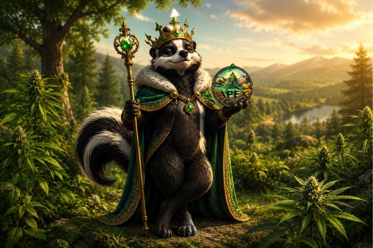 Illustration fantasy de la Legendary Skunk Outdoor Apex CBD avec une mouflette royale tenant une canne dans un décor outdoor entouré de plants de CBD.