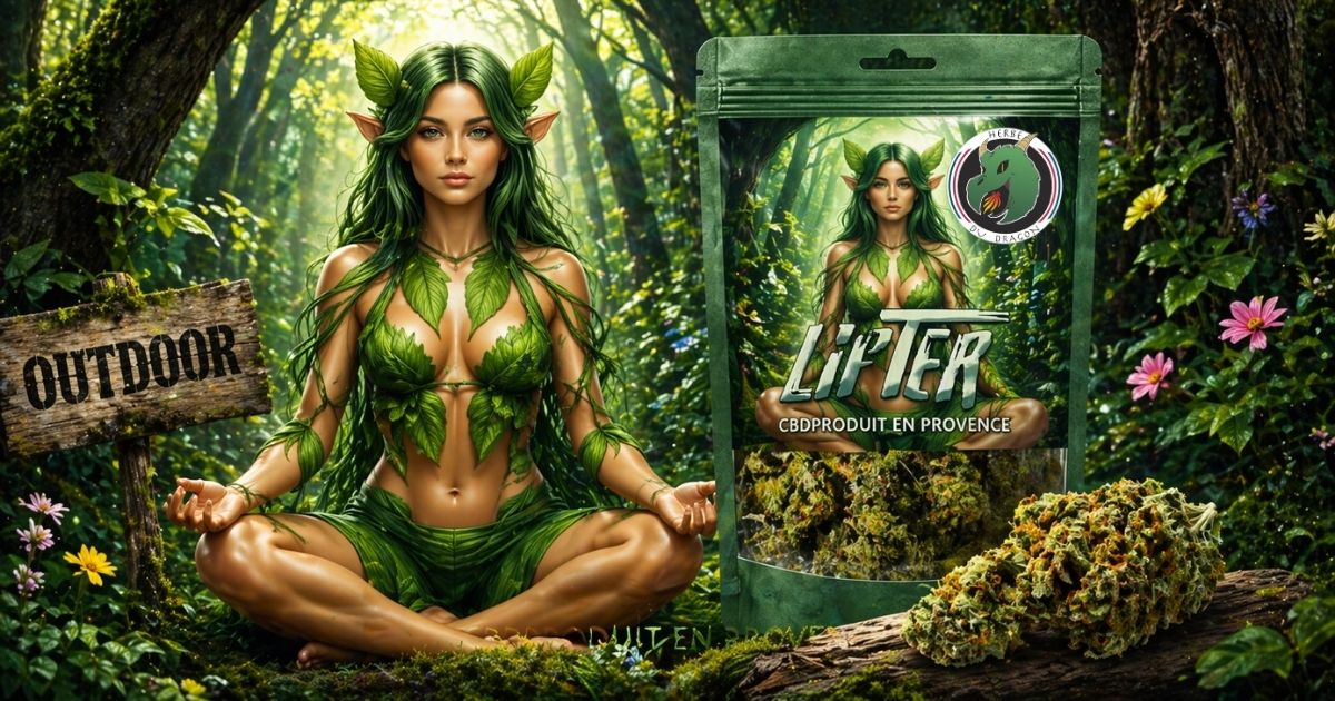 Fleur CBD Lifter outdoor Herbe du Dragon cultivée en Provence visuel forestier packaging naturel