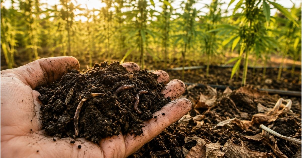 Poignée de lombricompost riche en vers de terre devant une culture de chanvre CBD, illustrant le rôle du sol vivant dans la fertilité, la biodiversité et la qualité des fleurs.