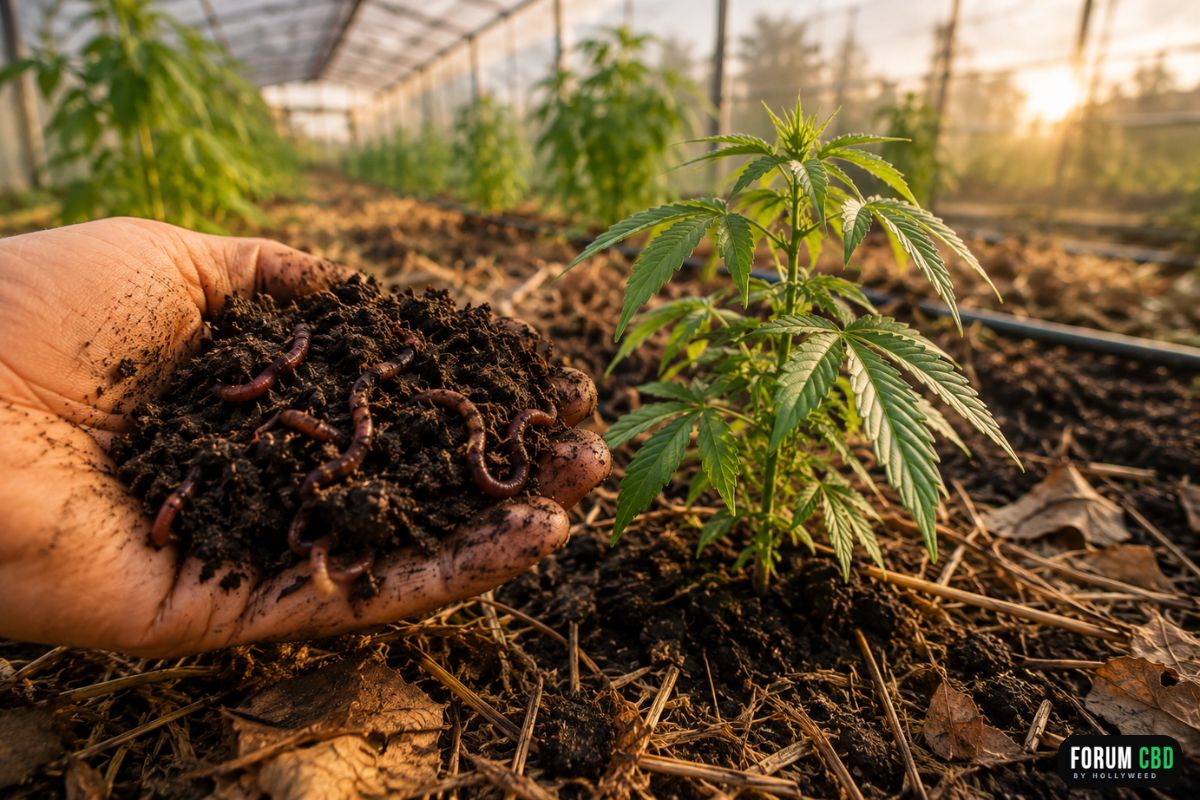 Main tenant une poignée de lombricompost riche en vers de terre devant un jeune plant de chanvre CBD sous serre, illustrant le rôle du sol vivant, des micro-organismes et de la fertilité naturelle dans une culture respectueuse de l'environnement.