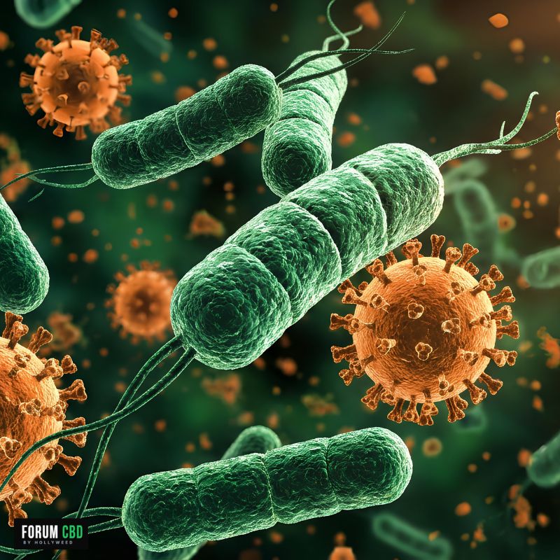 Illustration de bactéries du sol participant à la vie microbienne, à la fertilité des terres et au développement naturel des cultures de chanvre CBD.