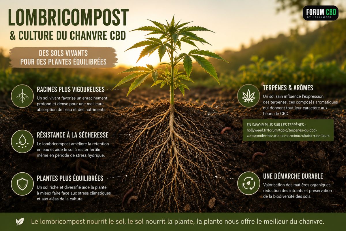 Schéma illustrant l'impact du lombricompost sur la culture du chanvre CBD avec un système racinaire développé, un sol vivant riche en matière organique et les bénéfices sur la croissance, la résistance au stress et l'expression des terpènes.
