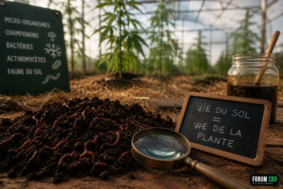 Gros plan sur un lombricompost riche en vers de terre au premier plan, illustrant la vie du sol et les micro-organismes bénéfiques au cœur d'une culture de chanvre CBD sous serre.