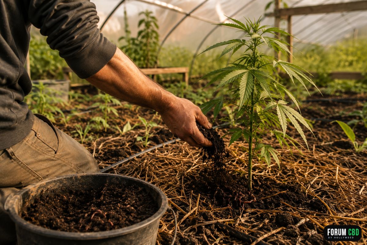 Épandage de lombricompost au pied d'un plant de chanvre CBD sous serre, illustrant une pratique de culture en sol vivant favorisant la biodiversité, les micro-organismes et la fertilité naturelle du sol.