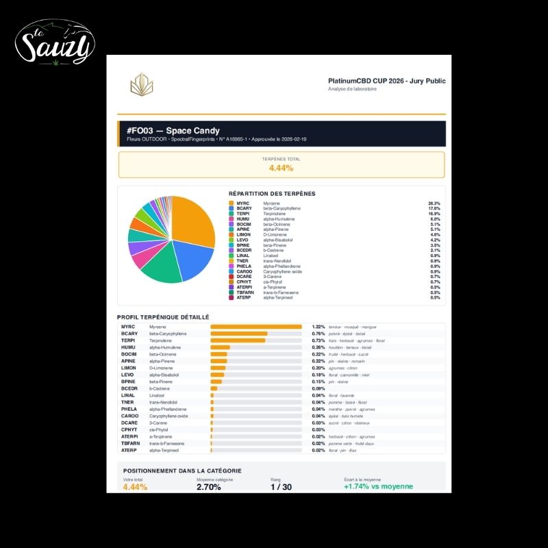 Analyse terpènes Space Candy CBD outdoor Sauzy CBD 4.44 pourcent profil aromatique laboratoire