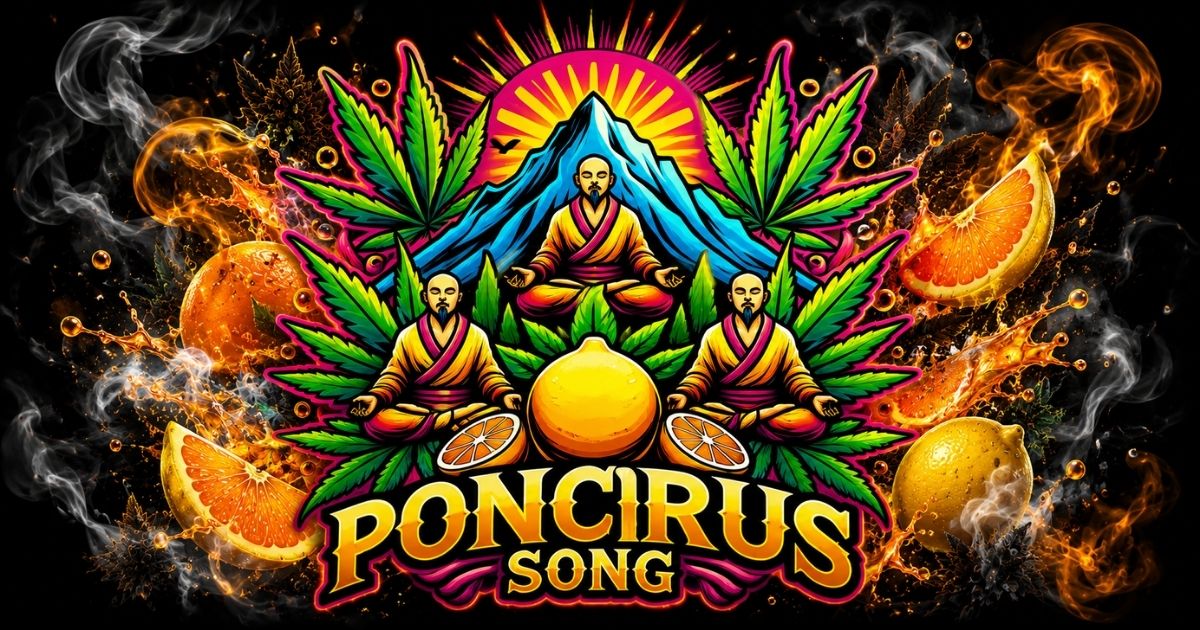 Illustration psychédélique de la Poncirus Song de CannaBaba avec agrumes, fumée et ambiance colorée autour d’une fleur CBD outdoor cultivée en sol vivant dans les Cévennes.