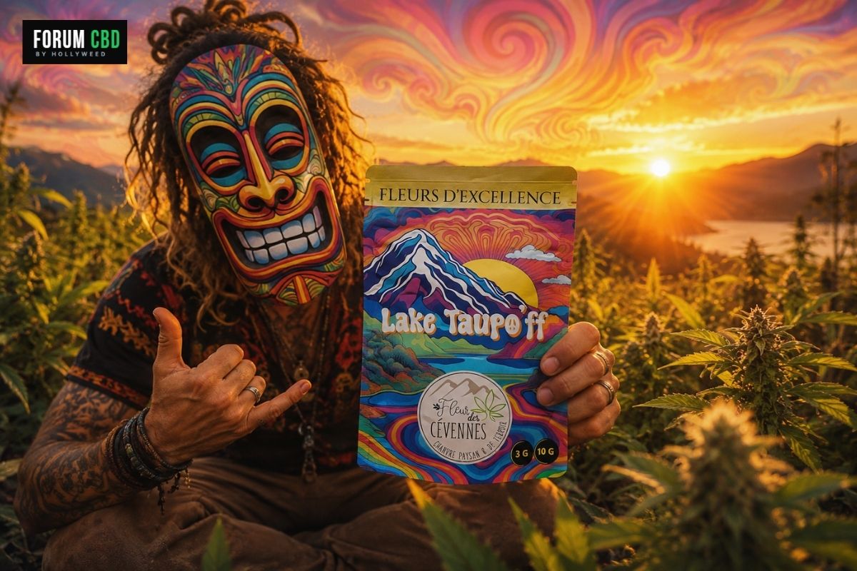 Visuel immersif Lake Taupø'ff de Fleur des Cévennes avec personnage au masque maori dans une culture outdoor au coucher du soleil