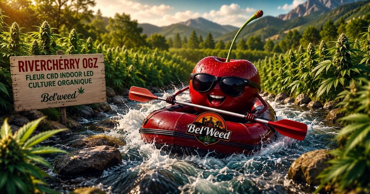 Illustration de la RiverCherry OGZ de Bel'weed avec une cerise faisant du rafting sur une rivière bordée de champs de CBD, évoquant la culture Indoor LED organique dans un décor naturel et ludique