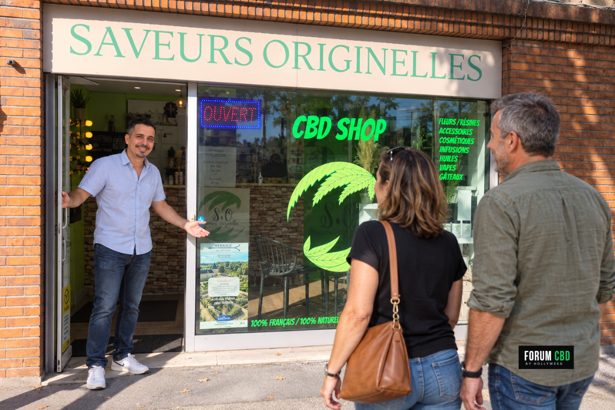 Mise en scène de Jimmy Boada accueillant deux clients à l’entrée de Saveurs Originelles à Orléans, sous l’enseigne de la boutique.