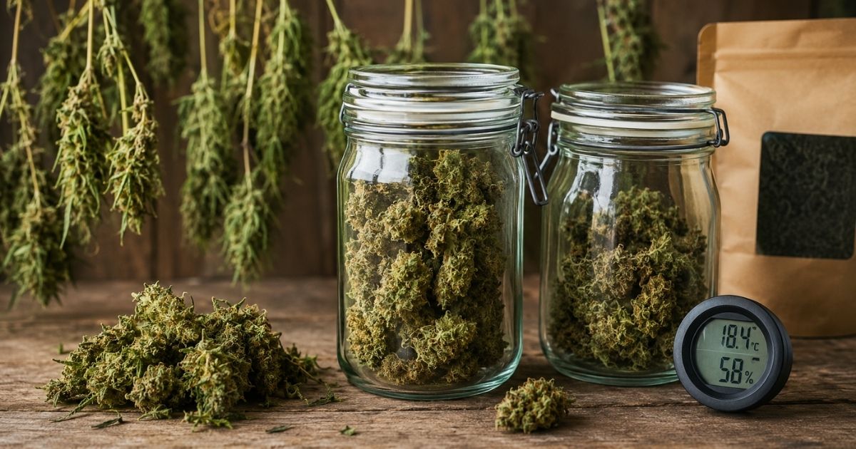 Bocaux de curing et fleurs CBD en phase de séchage dans un environnement contrôlé pour préserver les terpènes et la qualité aromatique du chanvre.