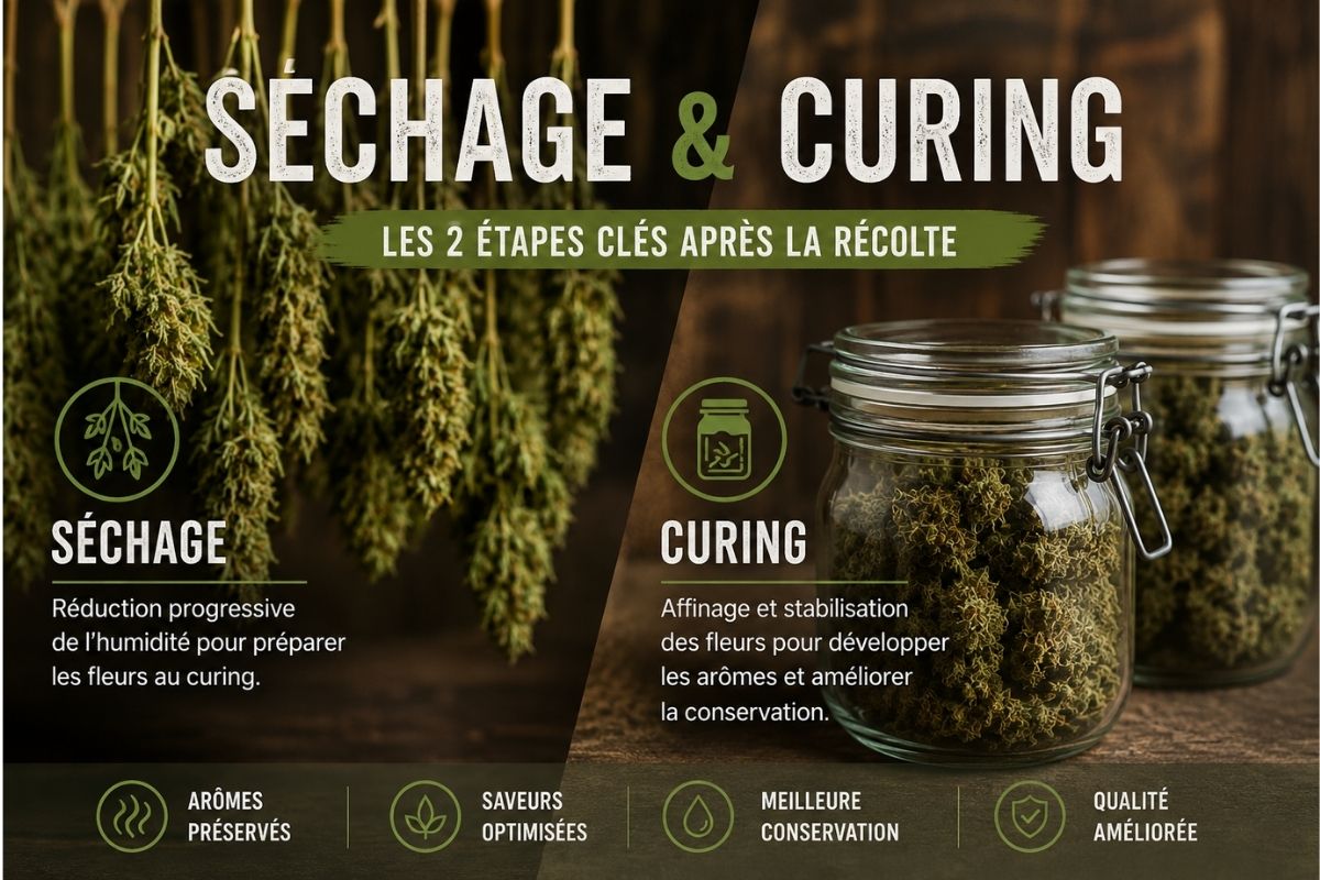 Illustration du séchage et du curing des fleurs CBD avec branches suspendues et bocaux d’affinage pour préserver les arômes et les terpènes du chanvre.