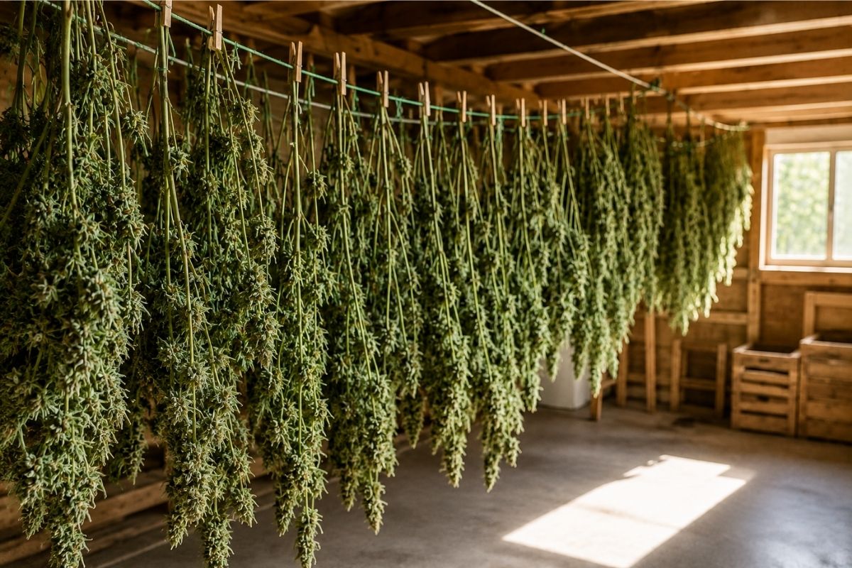 Séchage artisanal de fleurs CBD suspendues après la récolte dans un environnement contrôlé.