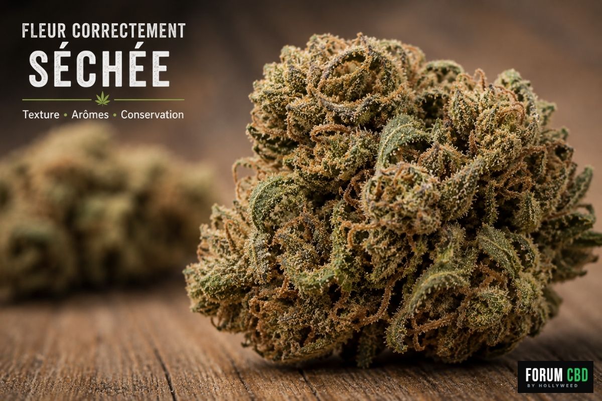 Macro d’une fleur CBD correctement séchée avec conservation naturelle des terpènes et des arômes.