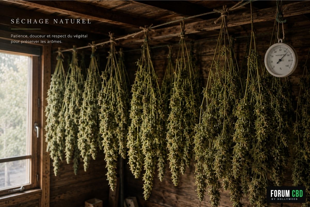Salle artisanale de séchage de fleurs CBD avec contrôle naturel de l’humidité après récolte.
