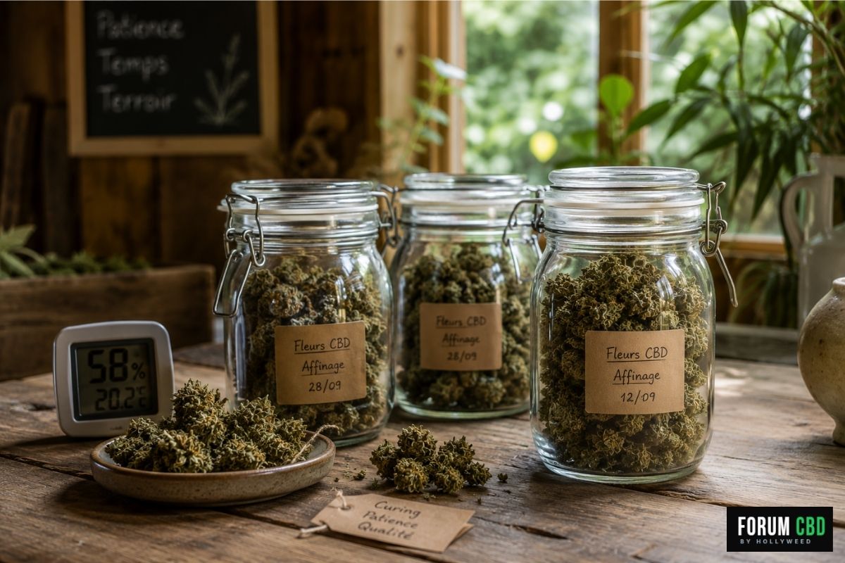 Bocaux de curing contenant des fleurs CBD en phase d’affinage après le séchage.