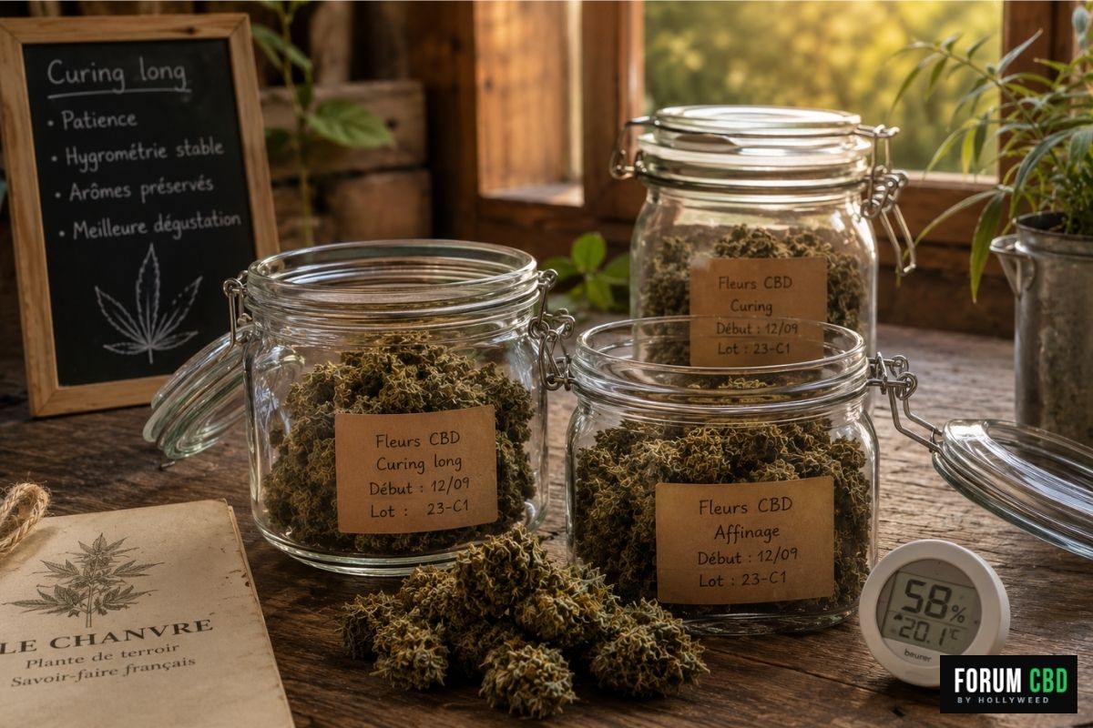 Fleurs CBD en phase de curing long dans des bocaux d’affinage après séchage artisanal.